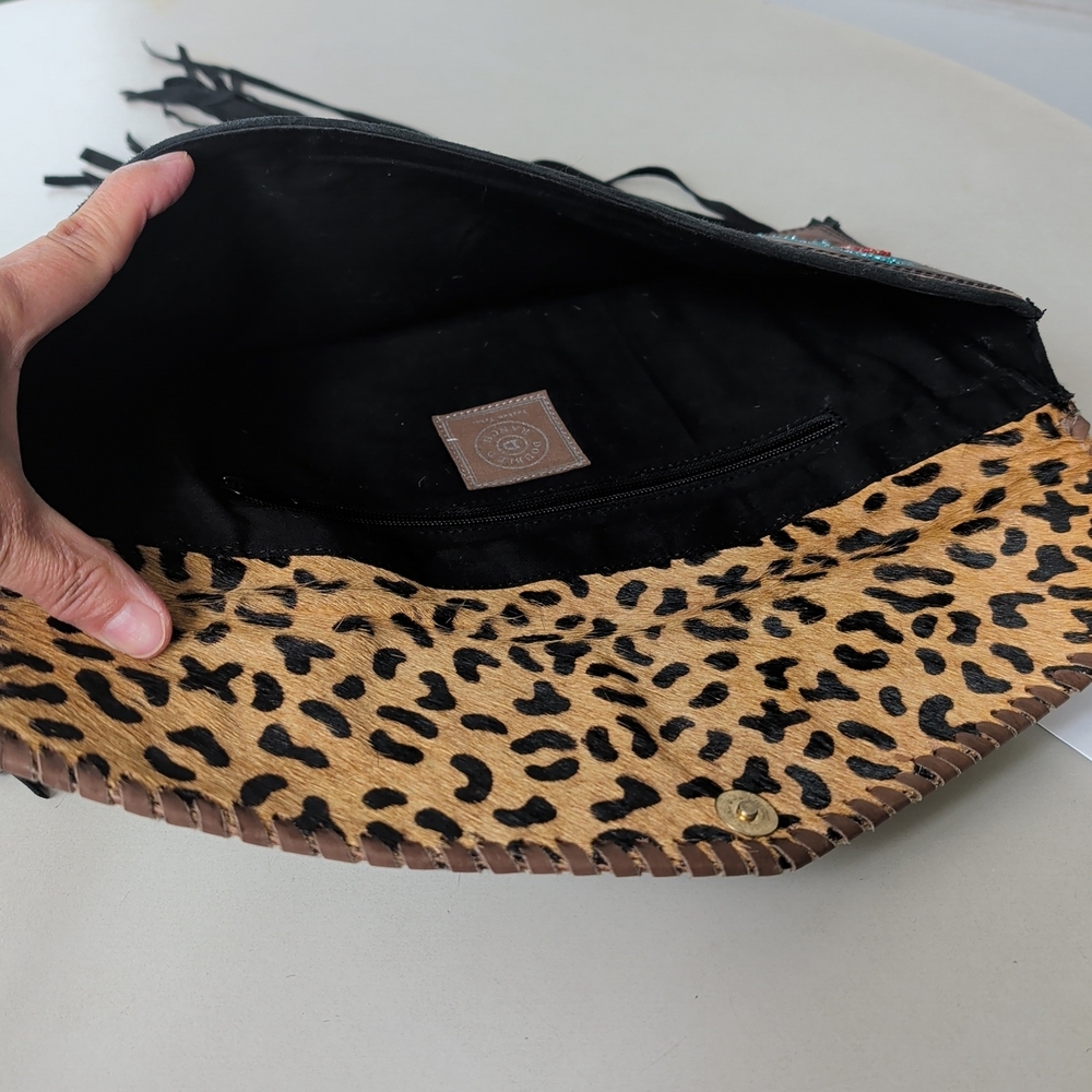 Double D Ranch Black Fringe Clutch with Leopard-Flap and Turquoise Accents - Picture 9 of 13